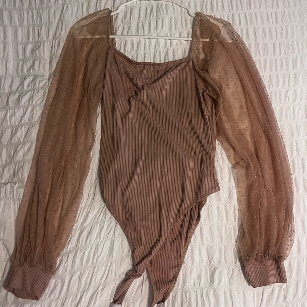 Pink Lily Nude Mesh Polka Dot Long Sleeve Bodysuit